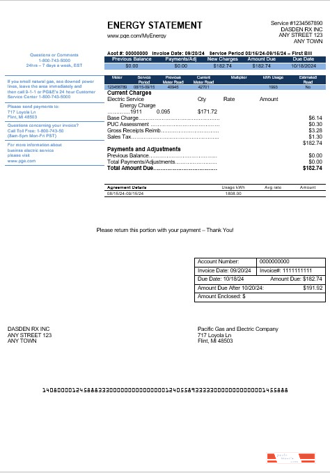 USA California PG&E (Pacific Gas and Electric Company) business utility bill template in Word and PDF formats, version 2